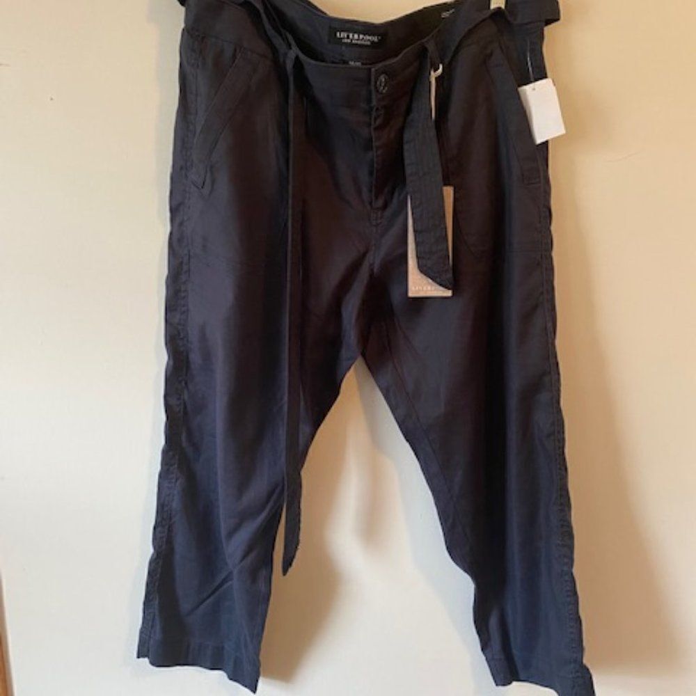 Liverpool Blue belted Linen blend crop pants, size 14/32